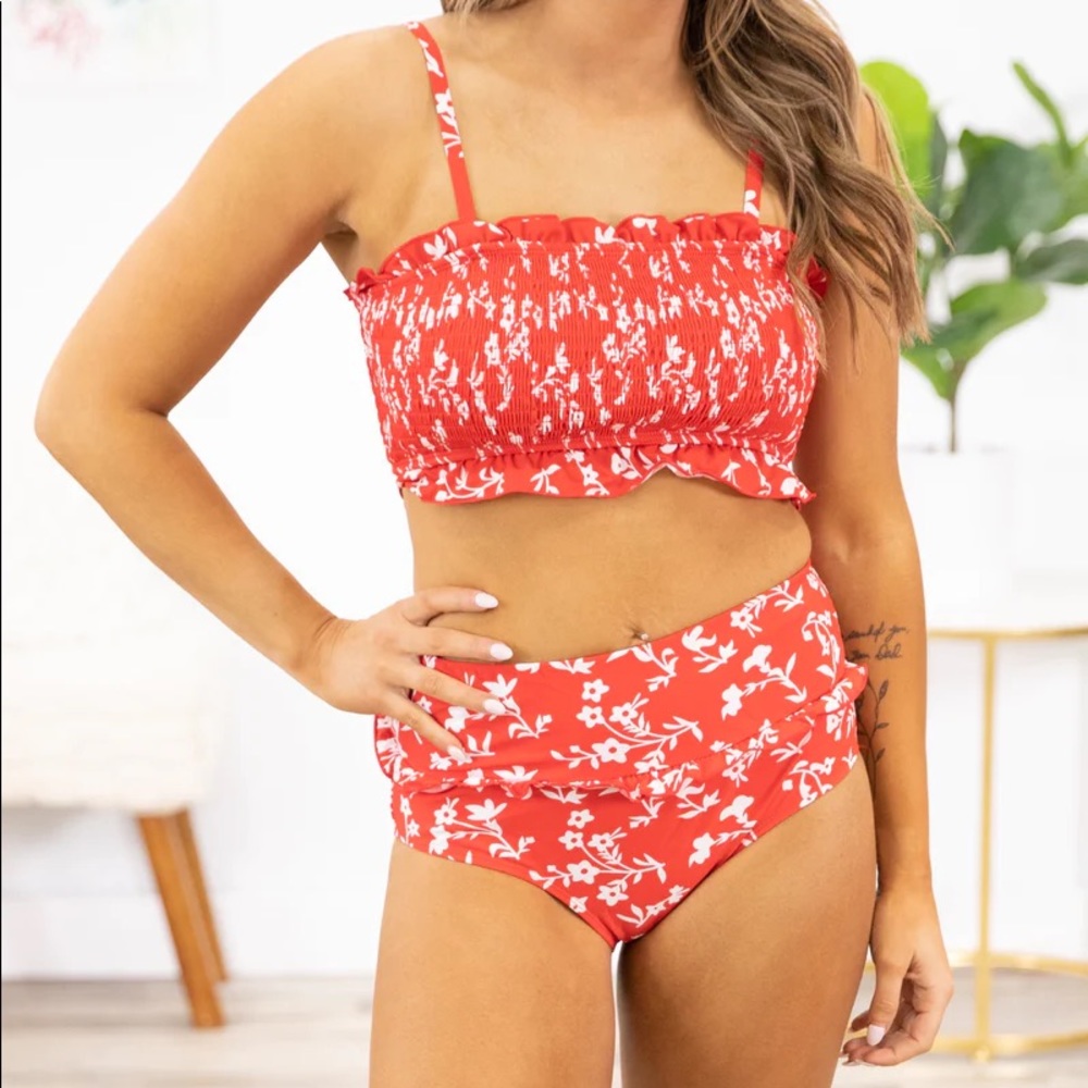 RED DITSY FLORAL SMOCKED TWO PIECE SWIMSUIT